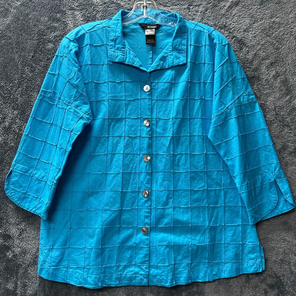 Ali Miles Womens Size M Blue 3/4 Sleeve Button Up Blouse Top (U9)